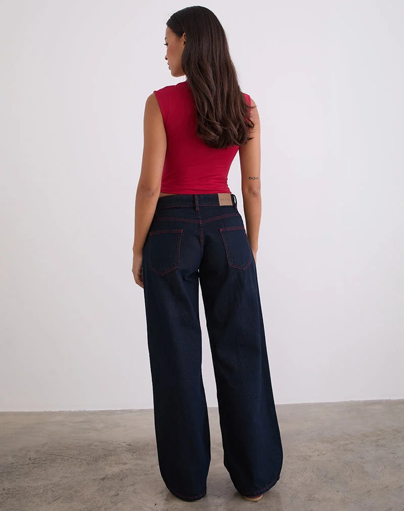 Geräumige Low Rise Jeans in Indigo mit roten Nähten