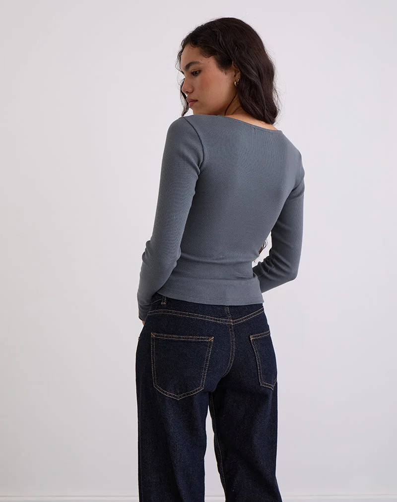 Dulcet Geripptes Langarm-Top in Blau Granit