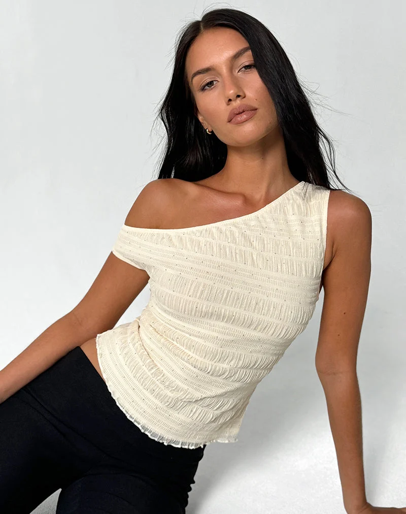 Tamia Asymmetrisches Top aus Paillettennetz Elfenbein