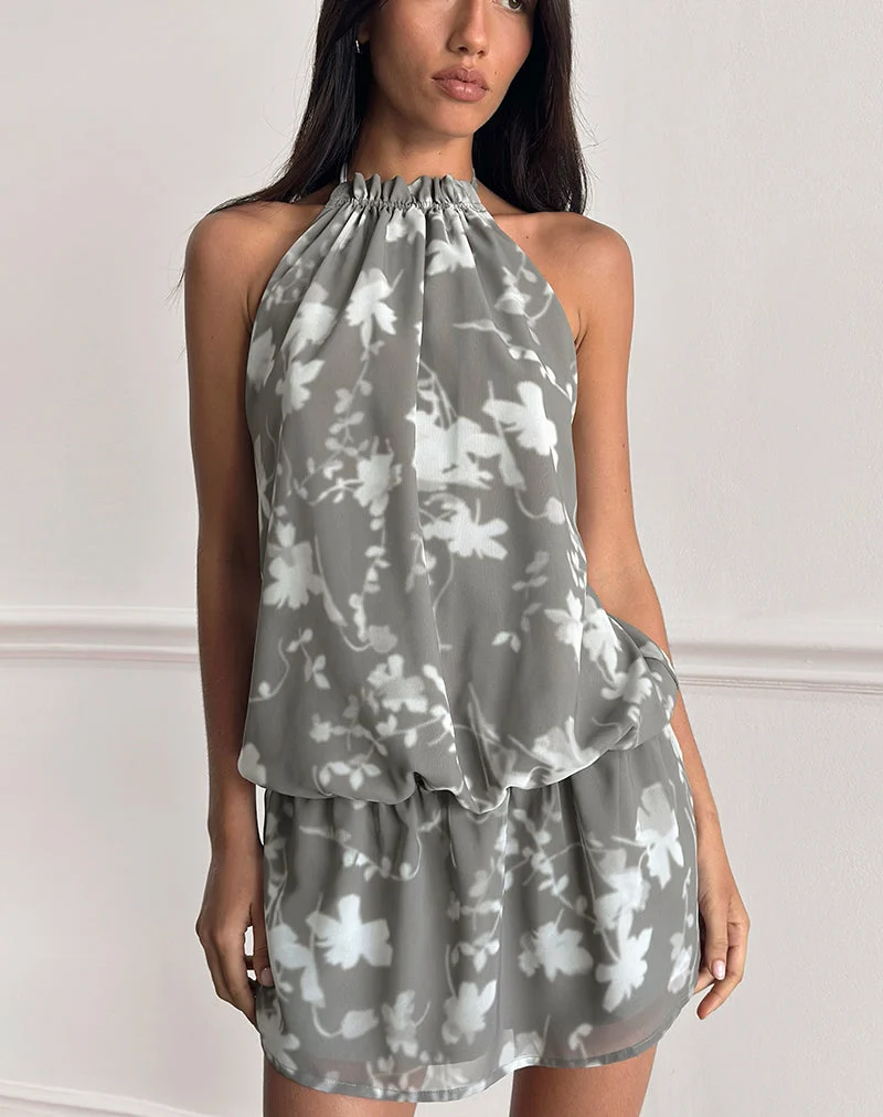 Veloria-Minikleid mit Neckholder-Ausschnitt in „Blurred Floral Grey“