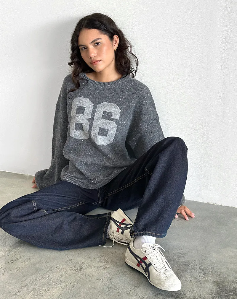 Namari-Pullover aus grauem Strick mit 86er-Motiv