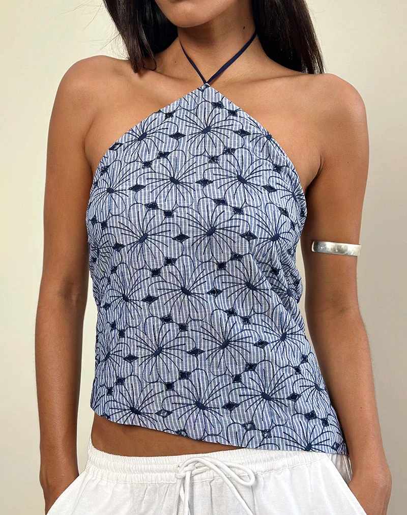 Janisa Neckholder-Top in Blau Gestreifte Blumen