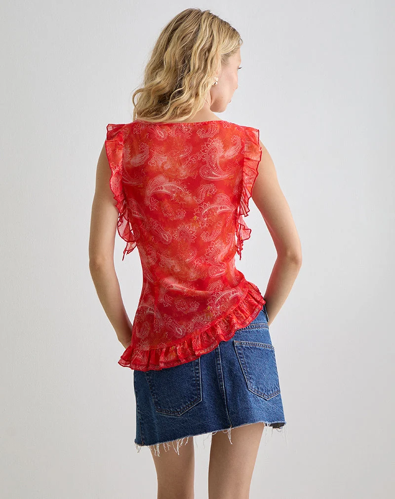 Iravela Asym Oberteil aus Paisley Chiffon Rot