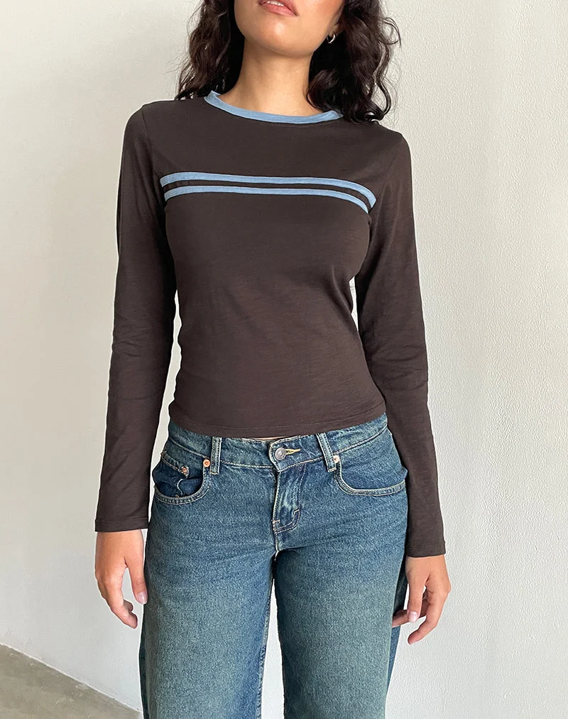 Bonjita Langarm-Top in Schokoladenbraun mit aschblauem Zwei-Streifen-Band