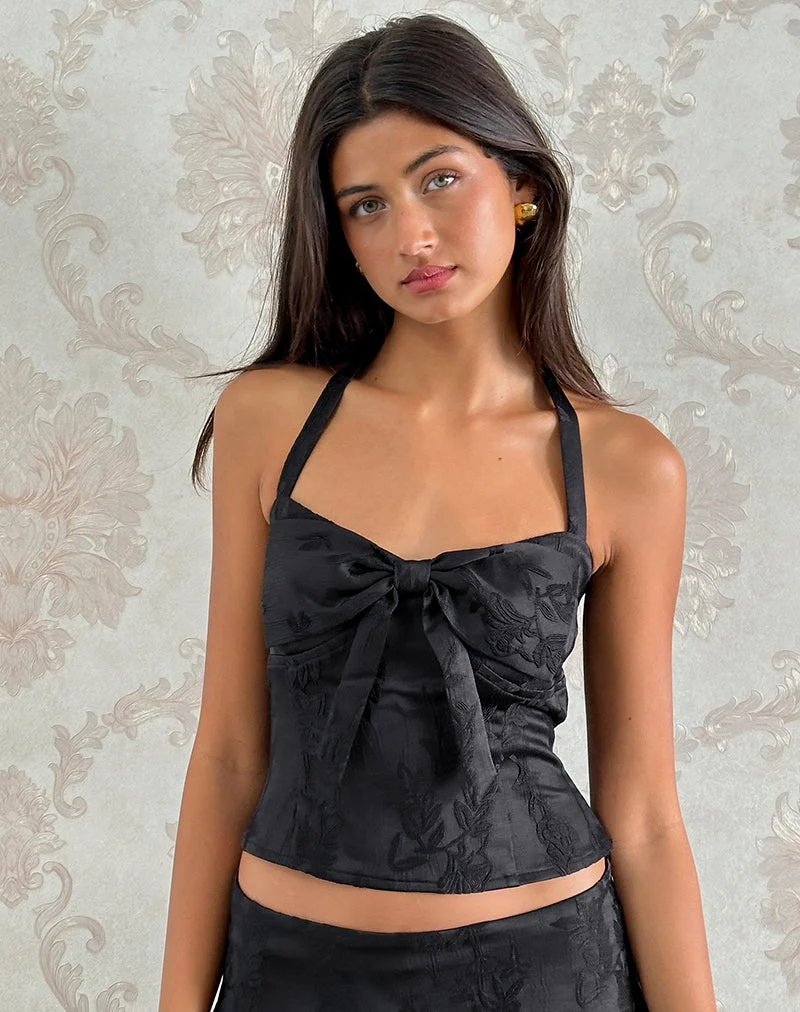 Kampi Neckholder-Top aus Satin-Jacquard Schwarz