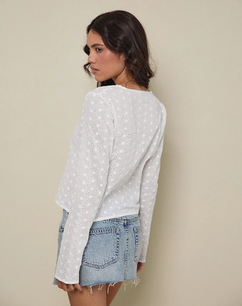 Sewindu Tie Front Langarm Top in Broderie Elfenbein