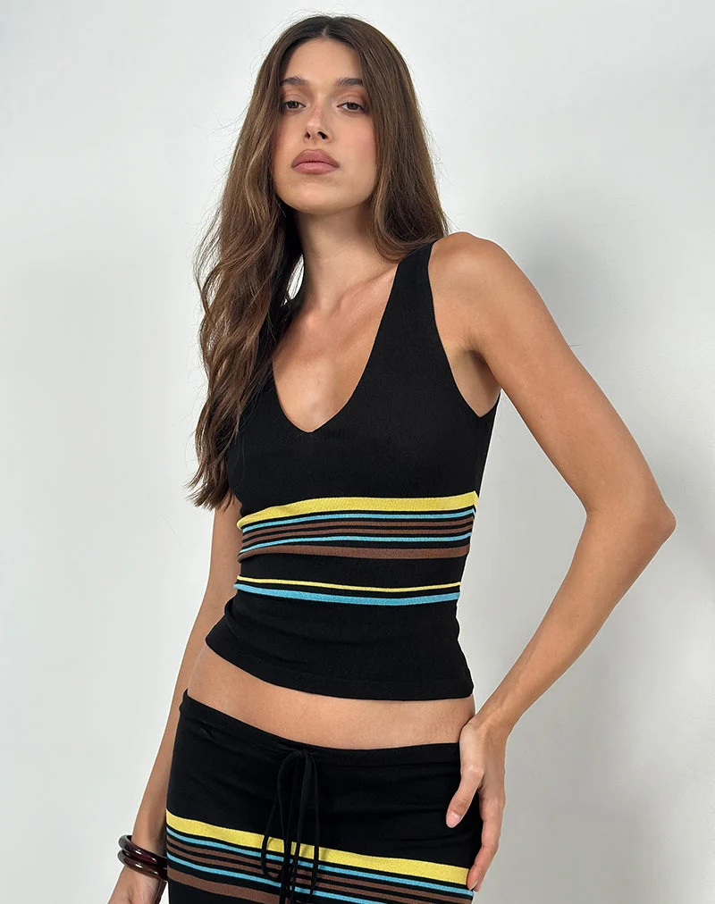 Natcha Vest Top in Schwarz mit braunen und blauen Streifen