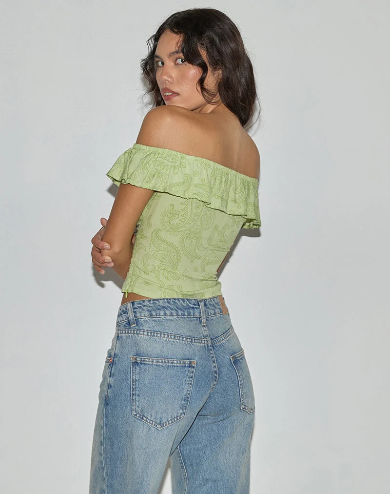 Yokai Bardot Top in Retro Paisley Limette