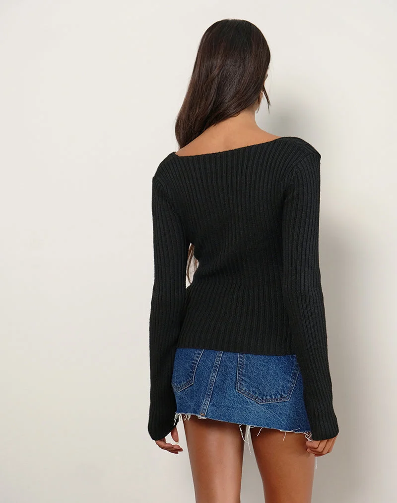 Rinca Bardot Pullover aus Rippenstrick Schwarz