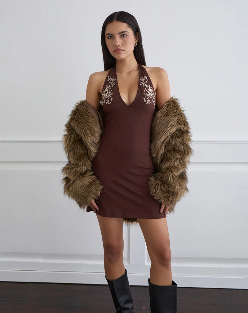 Hepzhi Minikleid in Bitterschokolade mit floraler Stickerei