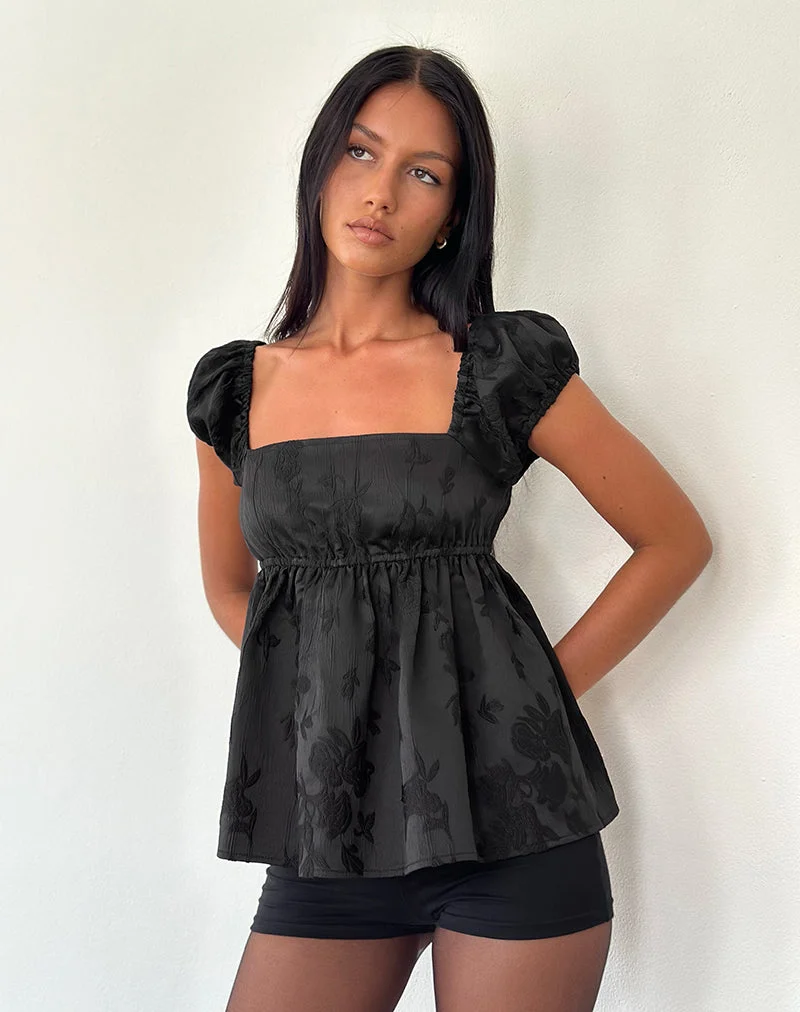 Malea Schößchen-Top aus schwarzem Satin-Jacquard