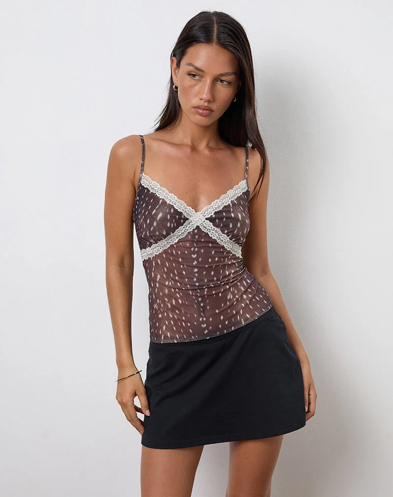 Alcesta Cami Top in Mesh Hirsch Druck Braun