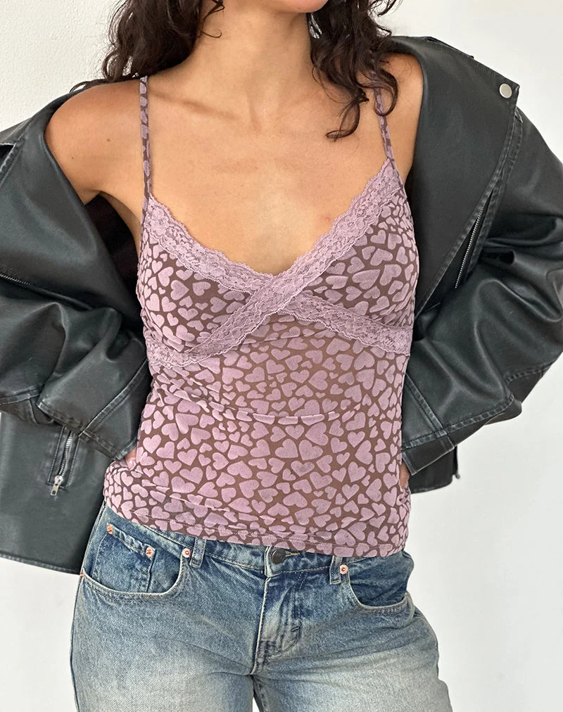 Alcesta Top aus braunem Flockmesh mit rosa Herzdruck