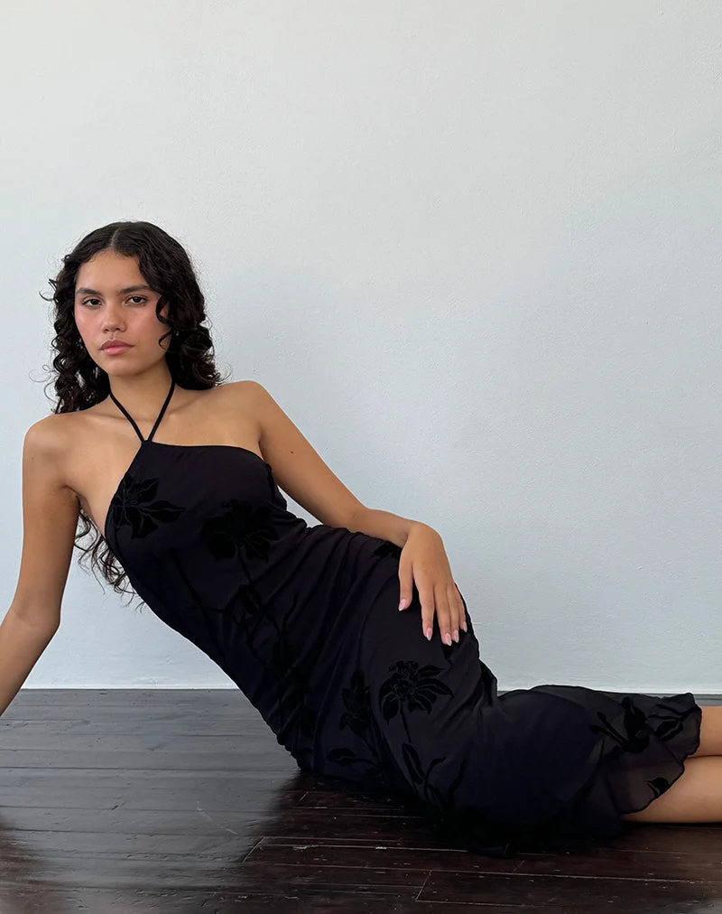Ribka Midikleid mit Neckholder aus Orchideenflock Schwarz