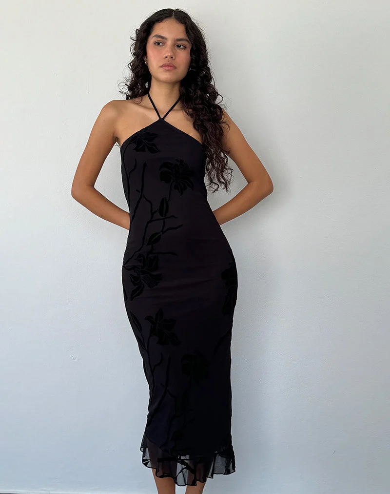 Ribka Midikleid mit Neckholder aus Orchideenflock Schwarz