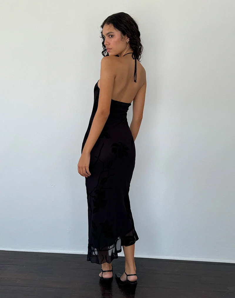 Ribka Midikleid mit Neckholder aus Orchideenflock Schwarz