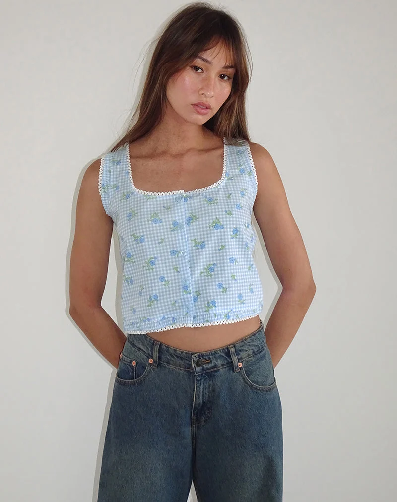 Ternya Top in blauem Blumengingham