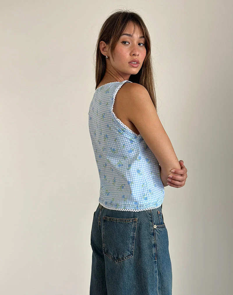 Ternya Top in blauem Blumengingham
