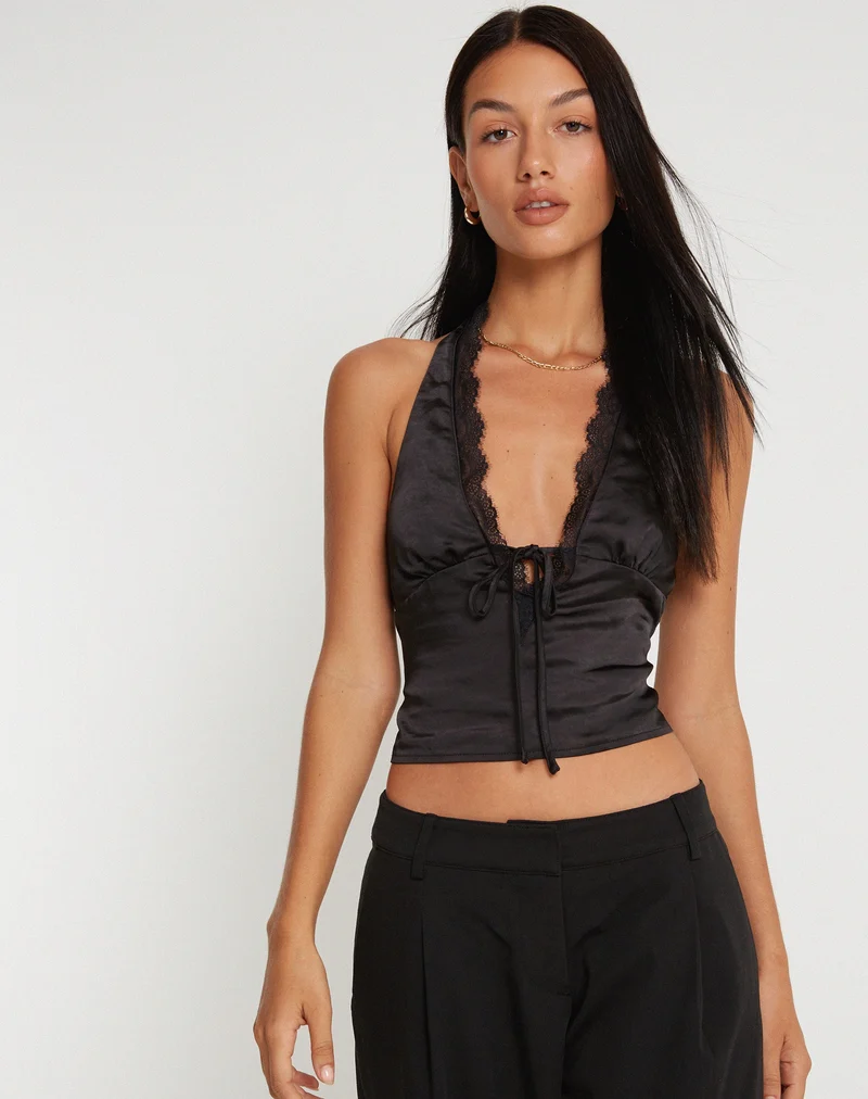Mutsuki Neckholder-Top aus Satin Schwarz