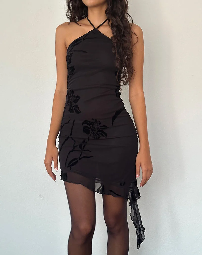 Redi Mini-Halstuchkleid aus Orchideenflock Schwarz