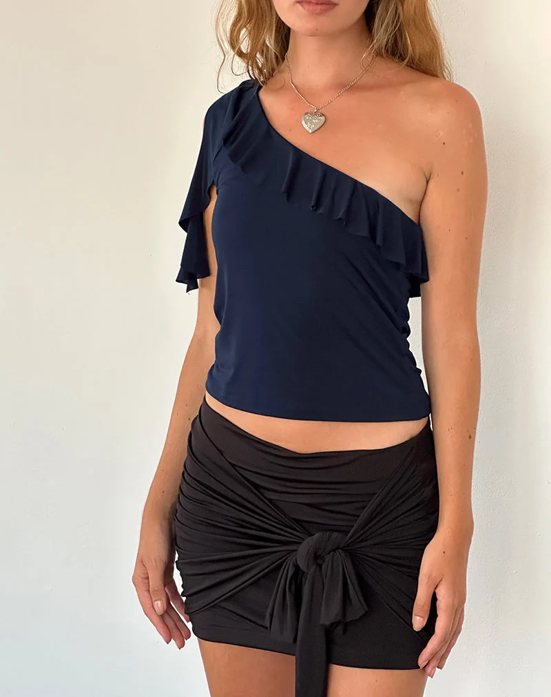 Polly Asymmetrisches Rüschen-Top in Navy