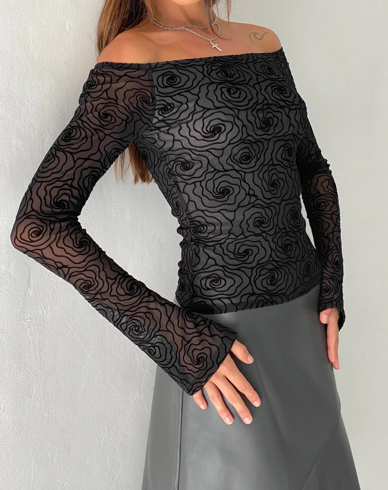Neira Bardot-Top mit langen Ärmeln aus Mesh in Schwarz Abstrakter Blumenflock
