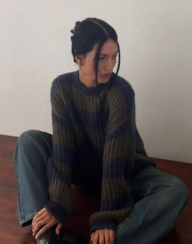 Daren Gestrickter Pullover in Übergröße in Khaki und Marineblau gestreift