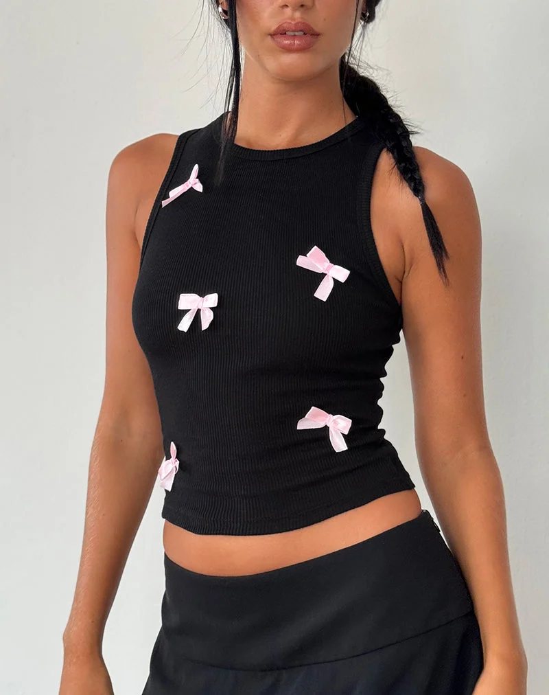 Rave Vest Top in Schwarz mit rosa Schleifen